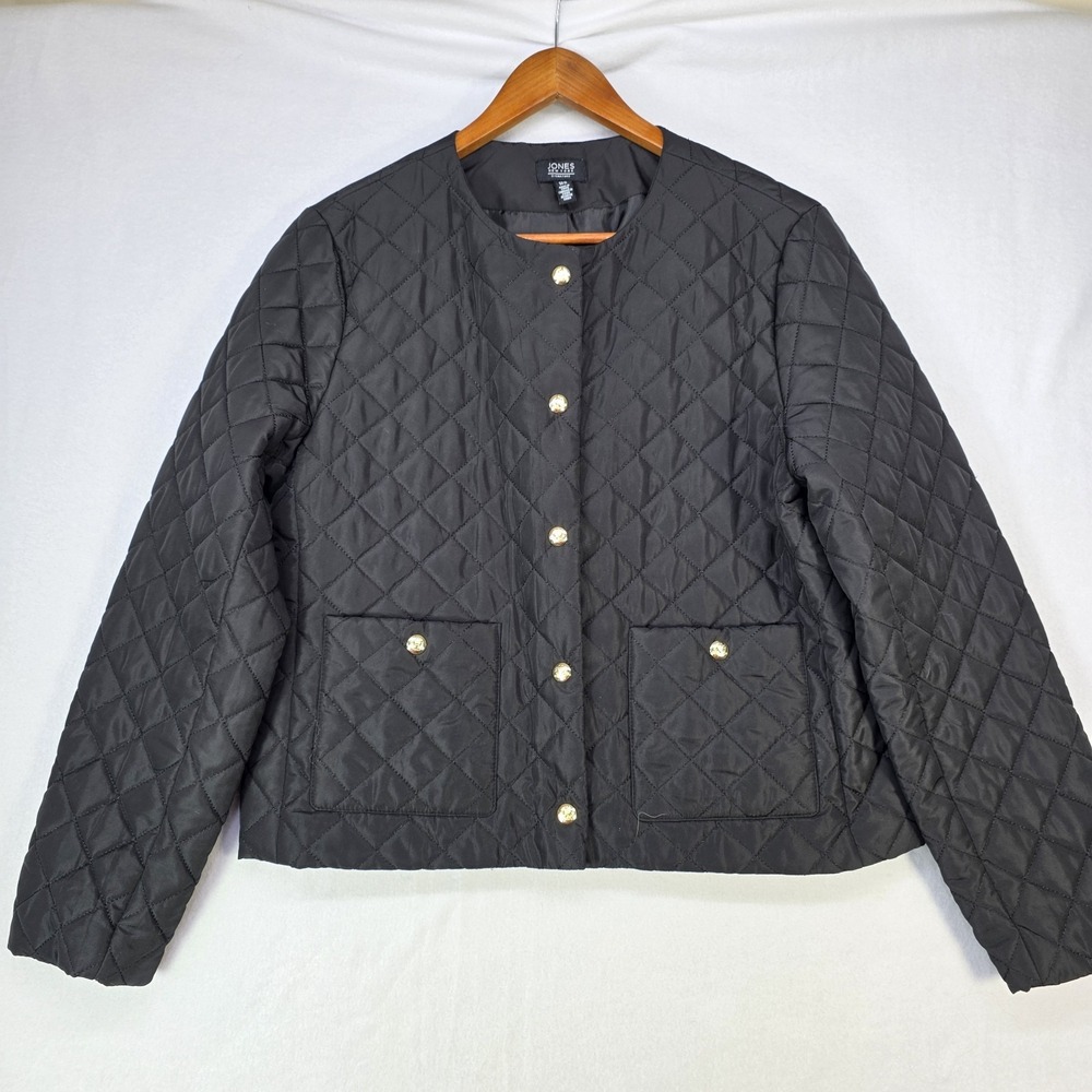 Jones New York Signature Black Quilted Puffer Jacket Cropped Sz M Gold Buttons